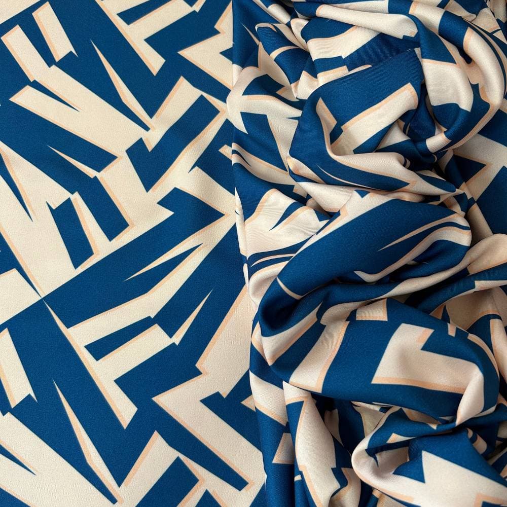Tecido Estampado Crepe Elise - Abstrato Nude e Azul