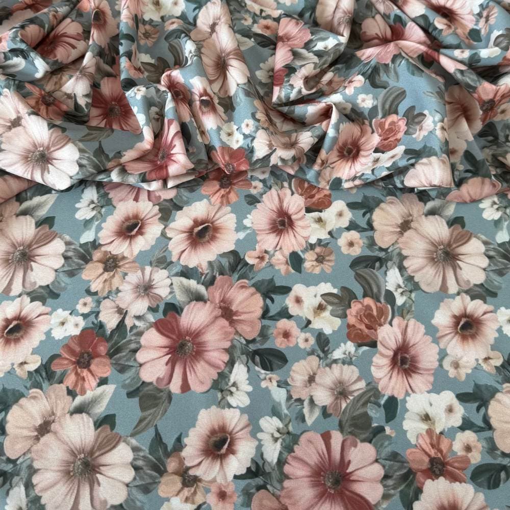 Tecido Estampado Viscoseda Flores Prateadas Clássicas - atacado