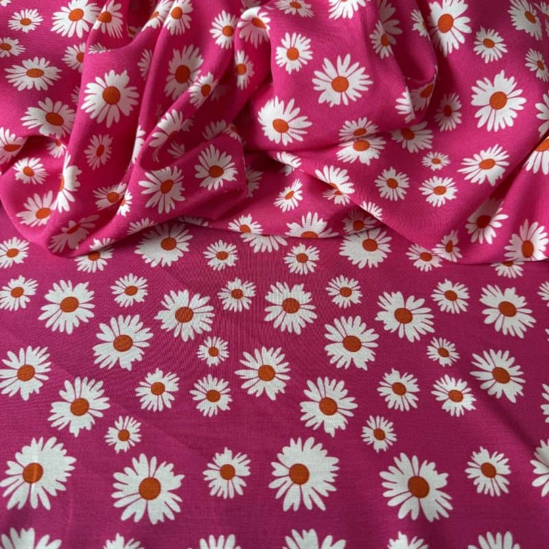 Tecido Estampado 100% Viscose - Margaridas Rosa