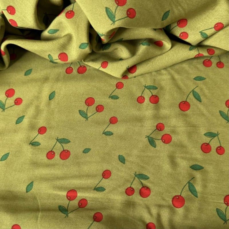 Tecido Estampado 100% Viscose - Cherry Verde Oliva