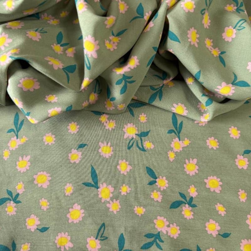 Tecido Estampado 100% Viscose - Floral Lily Rosa e Verde