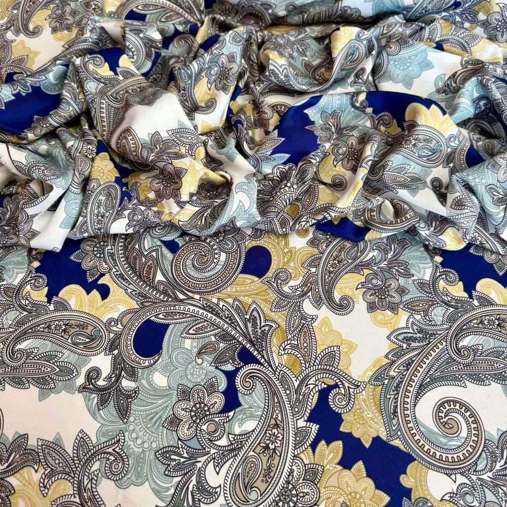 Tecido Estampado Viscoseda Caxemir Cinza e Azul - Atacado