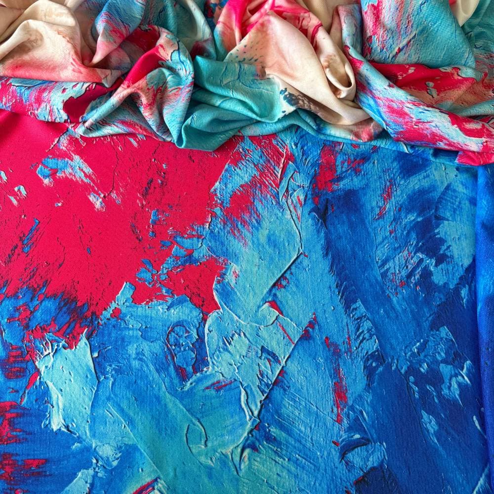 Tecido Estampado Viscoseda Marmorizado Pintura Pop Rosa e Azul - Atacado