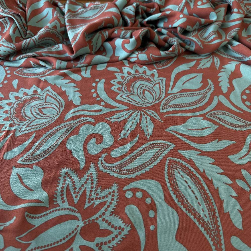 Tecido Estampado 100% Viscose - Floral Paisley Terracota e Azul