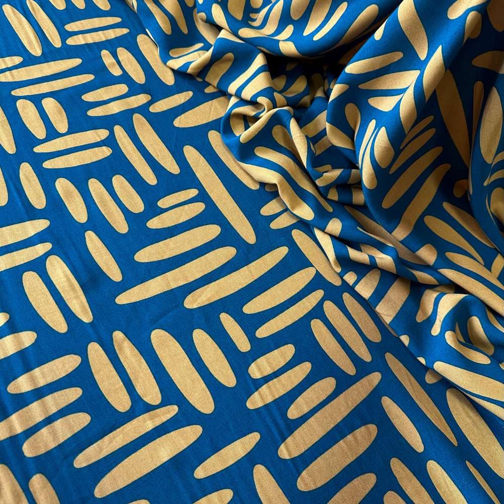 Tecido Estampado 100% Viscose - Padrões Ovais Azul Royal