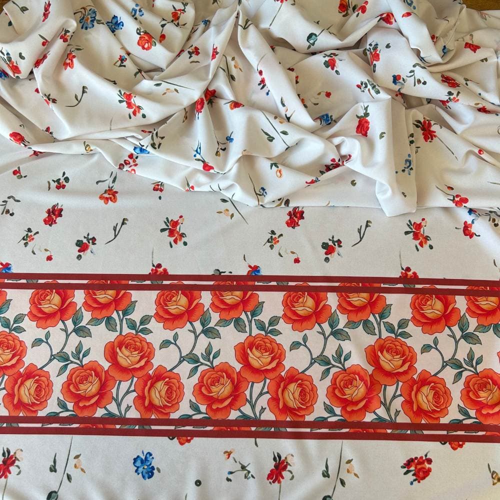 Tecido Estampado Viscoseda Barrado Primavera Rosas Laranja - Atacado