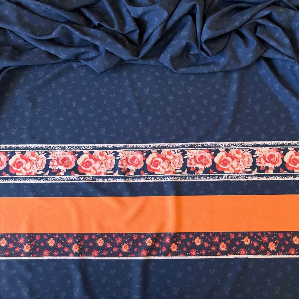 Tecido Estampado Viscoseda Barrado Rosas Azul Petróleo - Atacado
