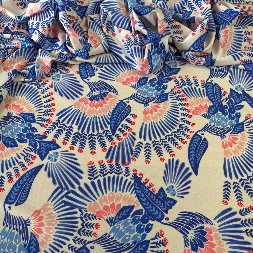 Tecido Estampado Viscoseda Tucanos Azul Verão - Atacado