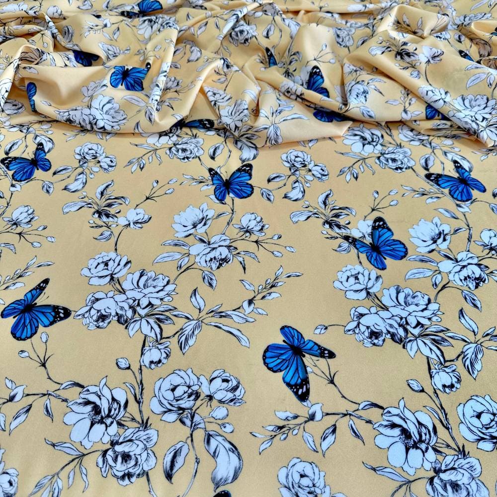 Tecido Estampado Viscoseda Flores e Borboletas Amarelo Manteiga - Atacado