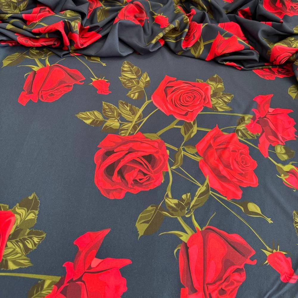 Tecido Estampado Viscoseda rosas azul marinho - Atacado