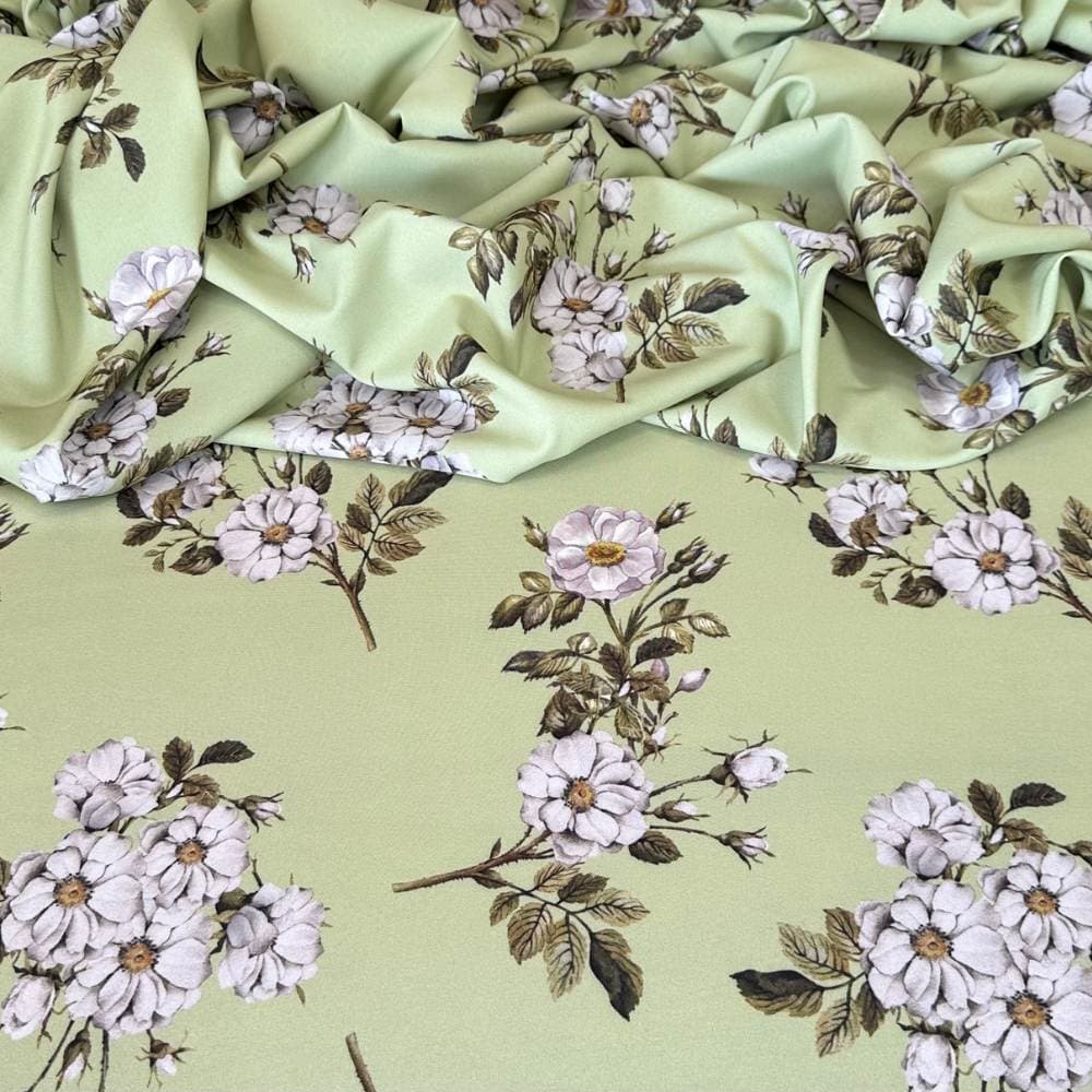 Tecido Estampado Viscoseda Flores Brancas Verde - atacado
