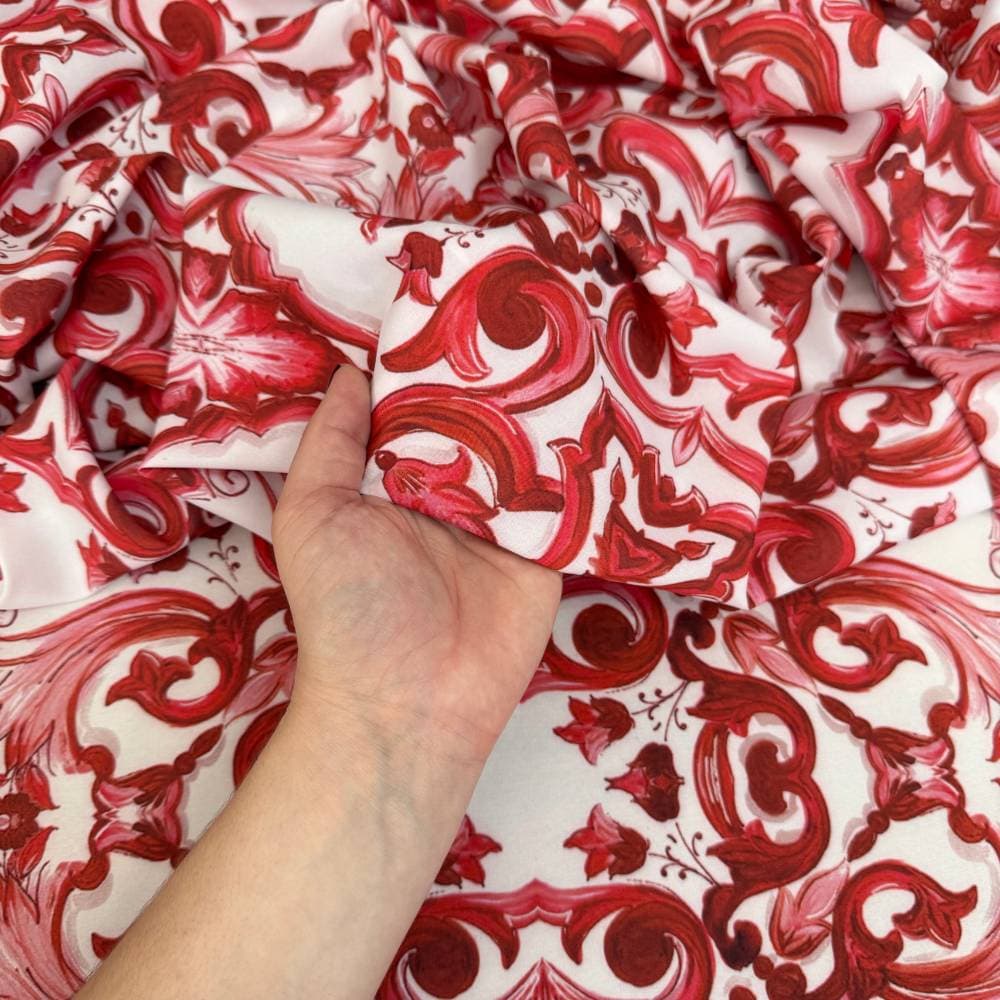 Tecido Estampado Viscoseda Azulejos Portugueses Vermelho