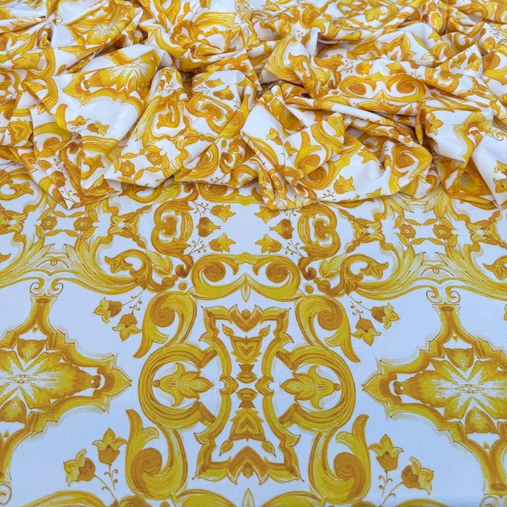 Tecido Estampado Viscoseda Azulejos Portugueses Amarelo - atacado