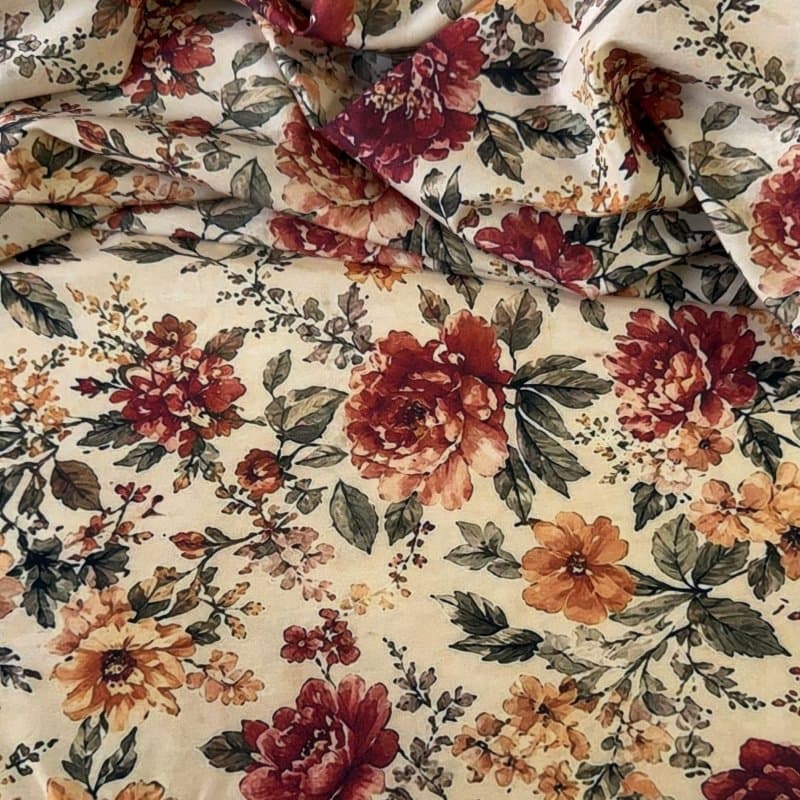 Tecido Estampado Viscoseda Flores Vintage Amarelo Manteiga