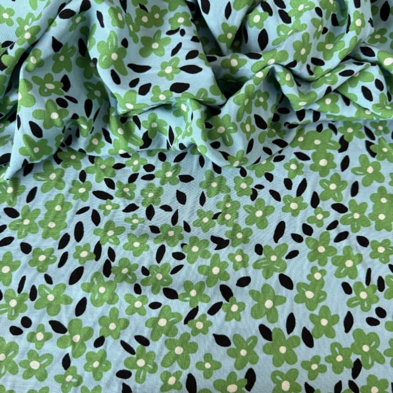 Tecido Estampado 100% Viscose - Liberty Flor Verde e Azul Ciano