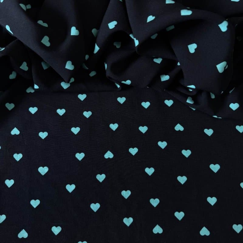 Tecido Estampado 100% Viscose - Corações Love Preto e Ciano