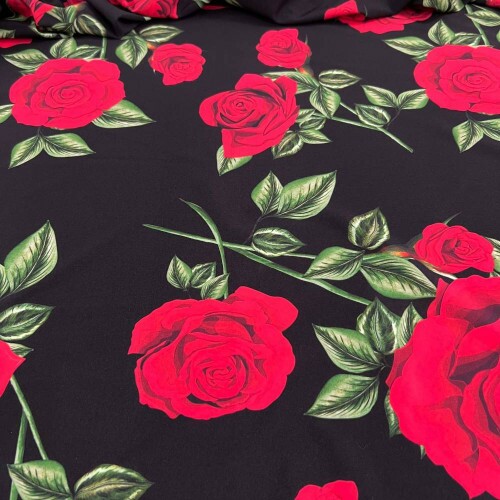 Tecido Estampado Viscoseda rosas black - Atacado