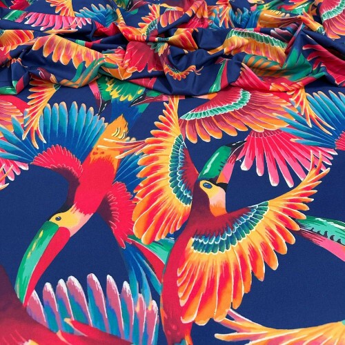 Tecido Estampado Viscoseda tucanos coloridos - Atacado