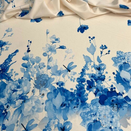 Tecido Estampado Viscoseda barrado floral azul - Atacado